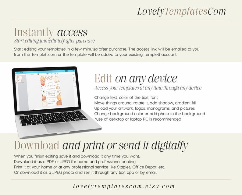 May include: A laptop displays a template with a fall theme, featuring pumpkins and floral elements. The image includes text about accessing, editing, and downloading templates. The website address LovelyTemplatesCom is visible.