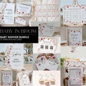 Pacote de chá de bebê com estampas florais | Pacote com modelos de convite, modelo de brincadeira, placa de boas-vindas e cartão para rifa de fraldas #viona