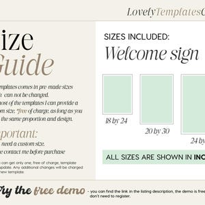 May include: A size guide for a welcome sign template, showing three different sizes: 18 by 24 inches, 20 by 30 inches, and 24 by 36 inches. The text "All sizes are shown in inches" is displayed below the sizes.