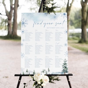 Winter Wedding Seating Chart Template | Editable Find Your Seat Sign | Snowflake and Pine Tree Seating Chart Sign #blueww