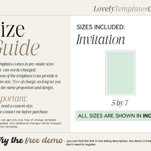 May include: A size guide for invitation templates, with text including "Size Guide" and "Invitation." The guide shows a 5x7 inch (12.7 x 17.8 cm) invitation size, with a note that all sizes are shown in inches. The LovelyTemplatesCom logo is at the top.