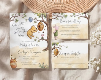 Winnie the Pooh Invitation Set: Baby Shower Template, Details Card, Book Request Card #cwp02