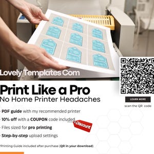 May include: A sheet of printed tags with a light blue snowflake design is held near a printer. The image includes the text "Print Like a Pro" and a QR code for more information. The tags are for invitations.