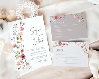 Floral Wedding Invitation Set: Watercolor Wildflowers (Editable Template) #viona