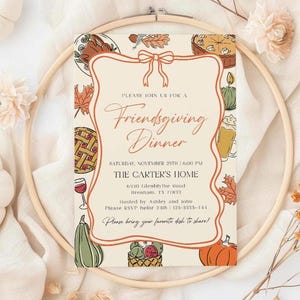 May include: A Friendsgiving dinner invitation with a cream background and an orange border. The invitation includes illustrations of fall foods and leaves. Text on the invitation reads "Please join us for a Friendsgiving Dinner".
