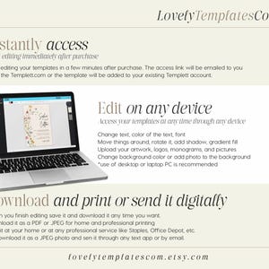 May include: A laptop computer displaying a wedding invitation template on the screen. The text on the screen reads "Save the Date". The image also includes text that reads "Instantly access", "Edit on any device", and "Download and print or send it digitally".