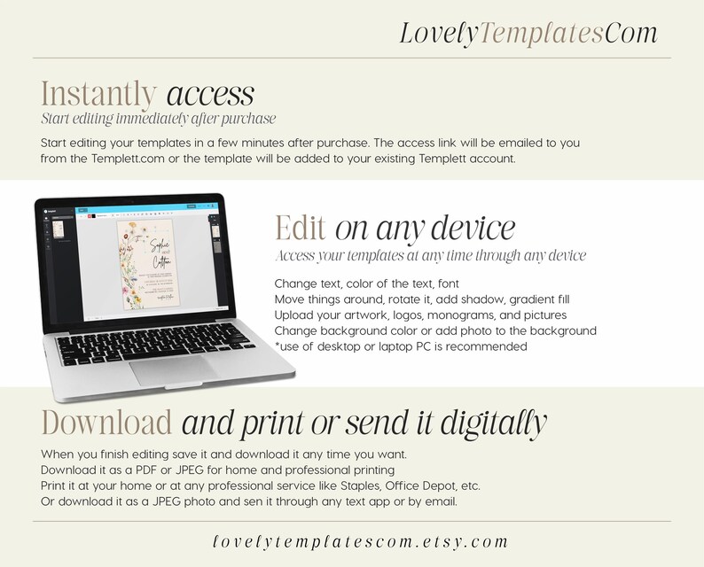 May include: A laptop computer displaying a wedding invitation template on the screen. The text on the screen reads "Save the Date". The image also includes text that reads "Instantly access", "Edit on any device", and "Download and print or send it digitally".