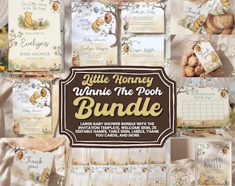 Winnie the Pooh Baby Shower Bundle: Editable Invitation Template, Welcome Sign, Games Bundle #cwp02