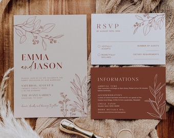 Op de afbeelding: Een trouwuitnodigingsset met een hoofduitnodiging, een RSVP-kaart en een informatiekaart. De kaarten hebben een minimalistisch ontwerp met bloemenlijntekeningen en de namen "Emma en Jason".