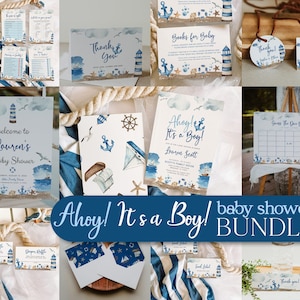 Nautische babyshowerbundel | Ahoy, it's a boy-uitnodiging | Gamesbundel, welkomstbord, bedankkaart, bordjes babyshower #nautical