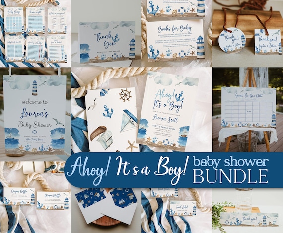 Ahoy Its A Boy Bundle, Nautical Baby Shower Tempaltes Bundle, Invitation, Welcome sign, Games, Thank You Cards #nau26