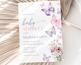Butterfly Baby Shower Invitation Template: Pink & Purple Floral #morpho