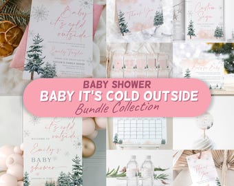 Winter Baby Shower Template Bundle: Baby It's Cold Outside, Pink Snowflake & Pine Tree #roseww