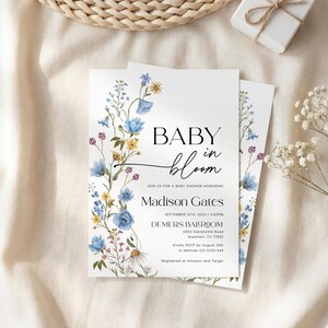 Blue Wildflower Baby Shower Invitation Set: Baby in Bloom Invite, Editable Templates Bundle #bl026 image 2