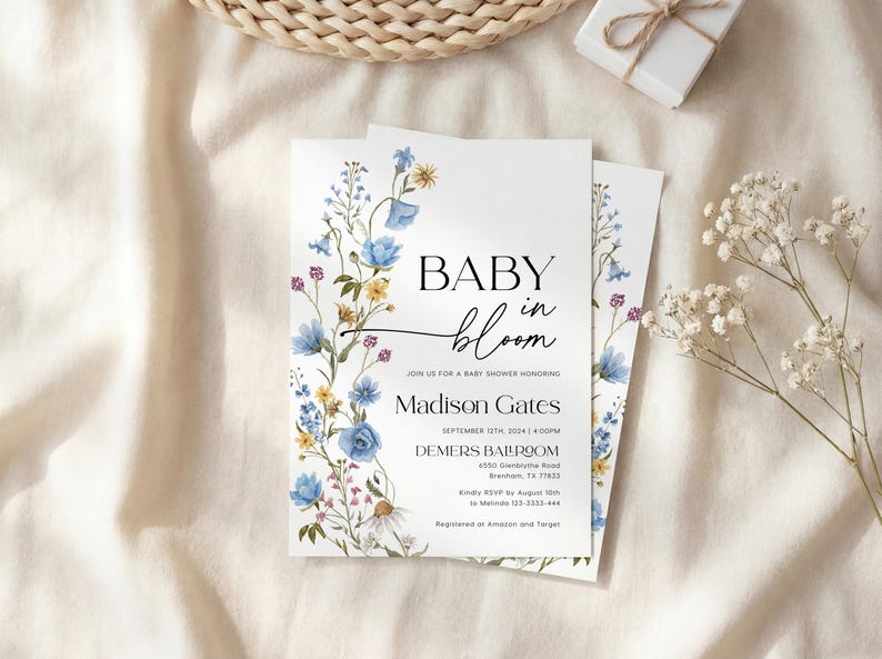 Blue Wildflower Baby Shower Invitation Set: Baby in Bloom Invite, Editable Templates Bundle #bl026 image 2