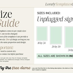 May include: A size guide for an unplugged sign template, showing three different sizes: 18 by 24 inches, 20 by 30 inches, and 24 by 36 inches. The text "All sizes are shown in inches" is displayed below the sizes.