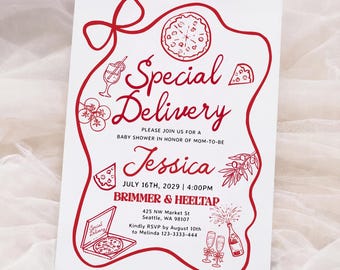 Special Delivery Baby Shower Invitation: Italian Pizza Theme, Red Whimsical Hand Drawn Invite #tam026