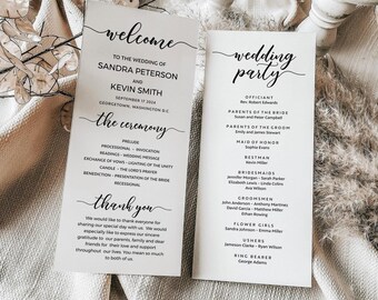 May include: A wedding ceremony program with a white background and black text. The program includes the order of the ceremony, the names of the wedding party, and a thank you message to the guests.