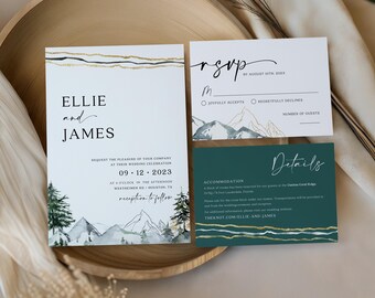 Mountain Forest Wedding Invitation Template, Rustic Wedding Invite with RSVP & Details Card #mntlwt