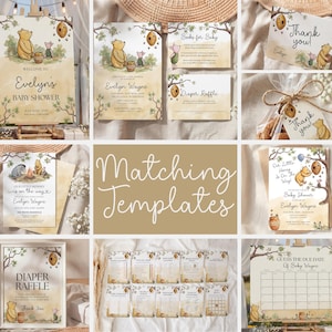 K&ouml;nnte beinhalten: Eine Sammlung von Babyparty-Papeterie zum Thema Winnie Puuh. Enth&auml;lt Einladungen, Dankeskarten, Windel-Tombola-Schilder und einen Kalender zum Sch&auml;tzen des Geburtstermins. Die Designs zeigen Illustrationen von Winnie Puuh, Ferkel und Honigt&ouml;pfen.