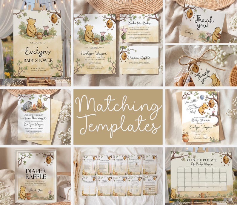 K&ouml;nnte beinhalten: Eine Sammlung von Babyparty-Papeterie zum Thema Winnie Puuh. Enth&auml;lt Einladungen, Dankeskarten, Windel-Tombola-Schilder und einen Kalender zum Sch&auml;tzen des Geburtstermins. Die Designs zeigen Illustrationen von Winnie Puuh, Ferkel und Honigt&ouml;pfen.