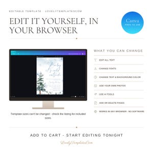 Op de afbeelding: Een computermonitor met een bewerkbaar digitaal uitnodigingssjabloon met een winterthema, een dennenboom en sneeuwvlokken. De tekst luidt Edit it yourself, in your browser, What you can change en Add to cart - start editing tonight.