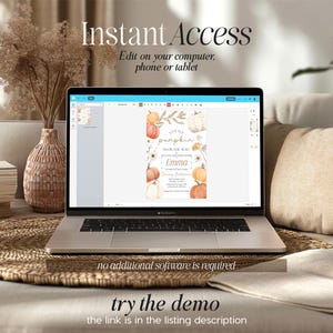 May include: A laptop displaying a fall-themed invitation design with pumpkins and floral elements. The screen shows the text "Little Pumpkin" and "Emma." The words "Instant Access" and "Edit on your computer, phone or tablet" are also visible. The laptop is on a woven mat.