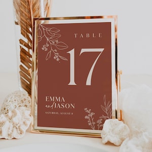 Modelo de Número de Mesa para Casamento Boho | Cartão de Mesa Editável em Terracota | Placa Floral para Assentos para Imprimir | Modelo de Número de Mesa #herbal