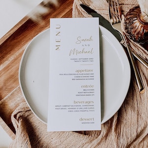 Minimalistyczny szablon menu weselnego | Edytowalne, drukowane menu kolacji | Karta menu weselnego Gold Script | Natychmiastowe pobranie #goldy