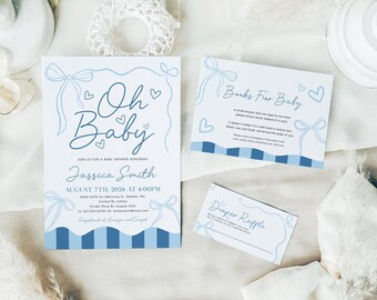 Könnte beinhalten: Babyparty-Einladungsset in Hellblau und Weiß. Die Hauptkarte trägt den Schriftzug "Oh Baby" in Schreibschrift mit Veranstaltungsdetails. Enthält auch eine Karte "Bücher für Babys" und eine Karte "Windel-Tombola".
