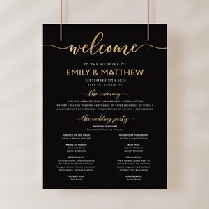 Letrero para programa de boda / Boda en negro y dorado / Plantilla para programa de ceremonia y fiesta de bodas / Letrero de bienvenida #bgd025