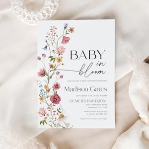 Invito per baby shower "Baby in Bloom": invito modificabile con fiori di campo, modello digitale #viona