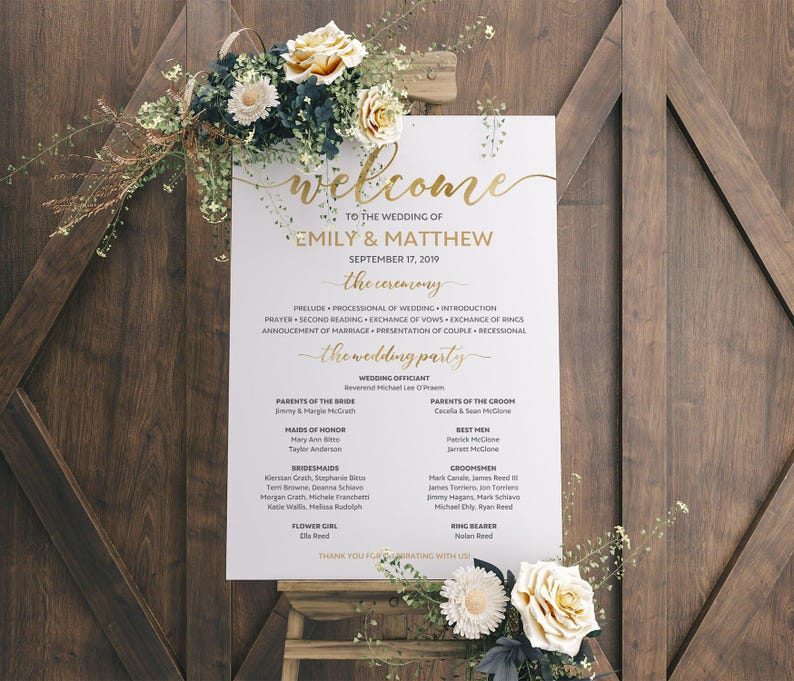 Gold Wedding Program Sign Template: Ceremony & Party Details (digital ...