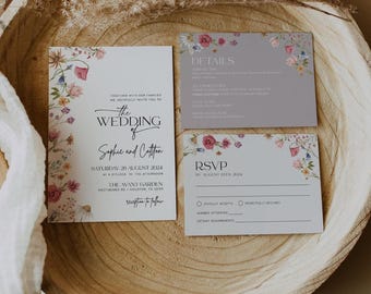Set bruiloftuitnodigingen met wilde bloemen: bundel met bloemensjabloon #viona