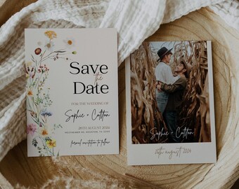 Beige Wildflower Save the Date Template: Boho Photo Card #amara