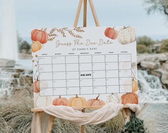 Op de afbeelding: Een wit bord op een ezel met de tekst "Guess The Due Date of Emma's Baby". Het bord heeft een kalenderraster met pompoenillustraties. De ezel is versierd met stof en groen, buiten met een waterval op de achtergrond.