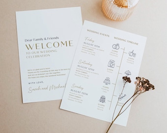 Peut inclure: Deux cartons d'invitation de mariage blancs avec du texte doré. L'un des cartons indique « BIENVENUE À NOTRE CÉLÉBRATION DE MARIAGE ». L'autre carton répertorie les événements du mariage et un calendrier. Un objet décoratif de couleur or est en arrière-plan.