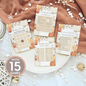 Paquete de juegos para baby shower de calabaza de otoño / Bingo de otoño para bebés / Sopa de letras / Tarjetas de consejos / Set de juegos para baby shower de género neutro #pmw025