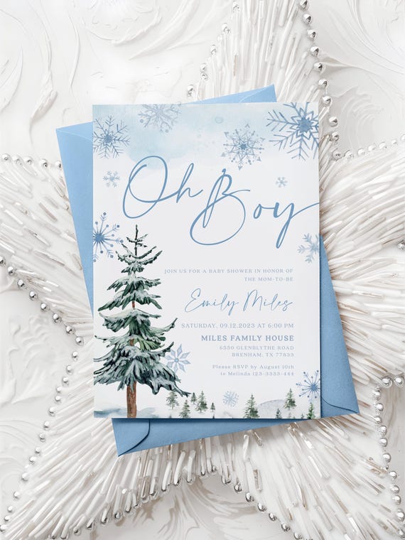 Blue Snowflake Winter Baby Shower Invitation: Oh Boy Invitation Template Editable #blueww