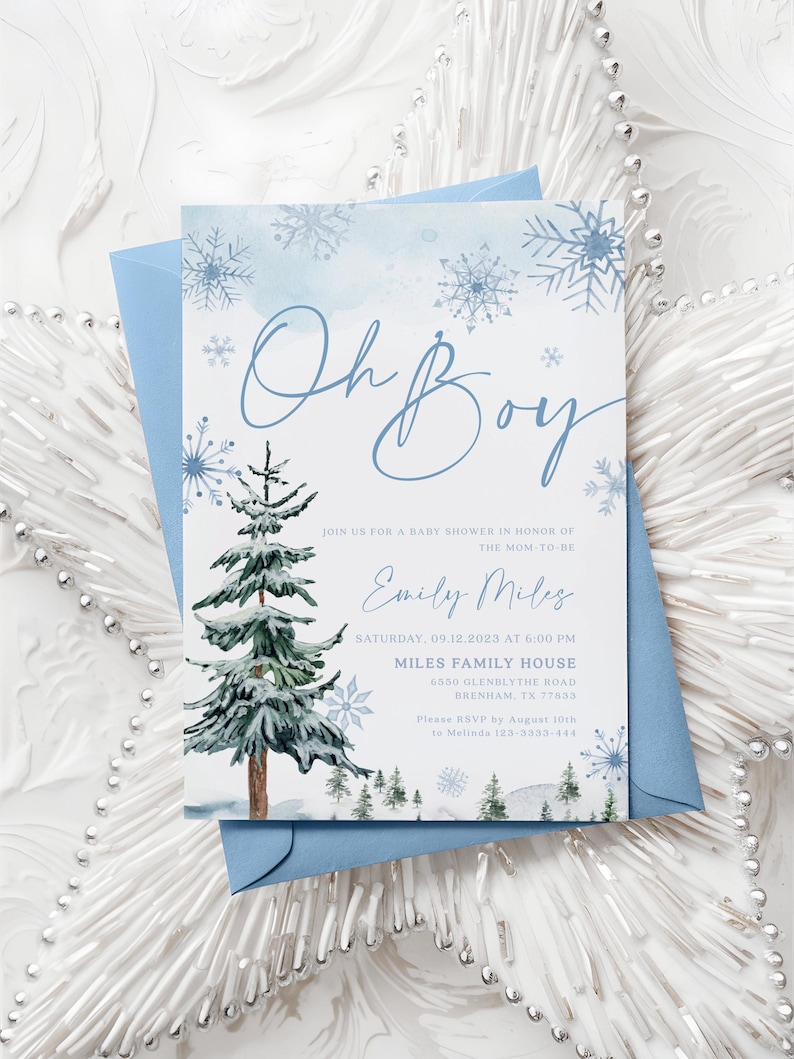 Blue Snowflake Winter Baby Shower Invitation: Oh Boy Invitation Template Editable #blueww image 1