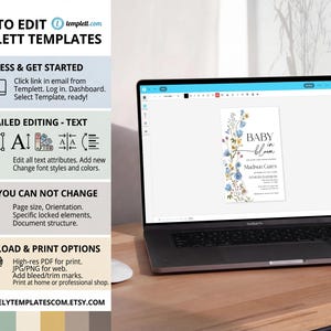May include: A laptop displays a baby shower invitation template with floral accents and the text "BABY in bloom." The screen also shows editing instructions. The laptop sits on a wooden desk.