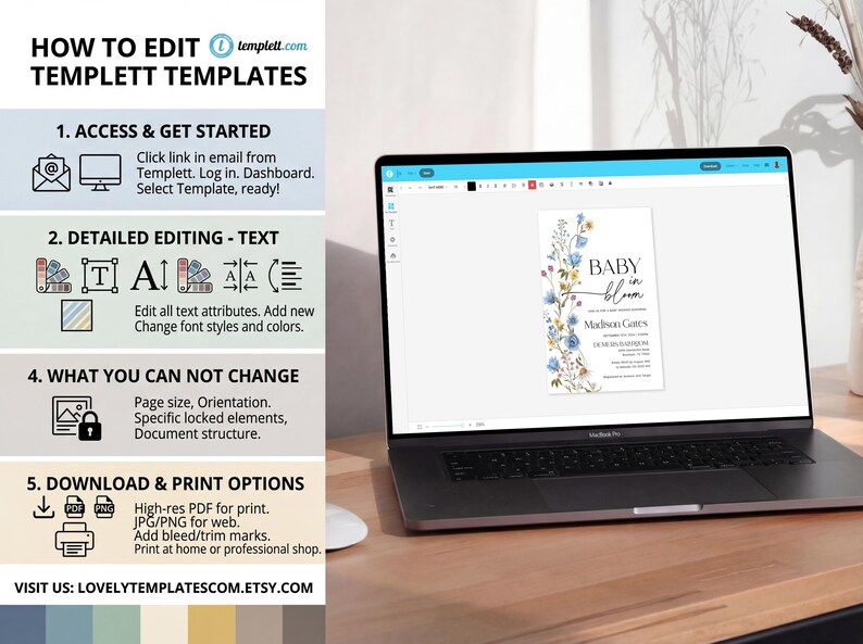 May include: A laptop displays a baby shower invitation template with floral accents and the text "BABY in bloom." The screen also shows editing instructions. The laptop sits on a wooden desk.