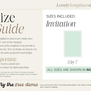 K&ouml;nnte beinhalten: Eine Gr&ouml;&szlig;entabelle f&uuml;r Einladungsvorlagen mit dem Text "Size Guide" und "Invitation". Der Leitfaden enth&auml;lt ein hellgr&uuml;nes Rechteck mit der Bezeichnung "5 by 7" (12,7 x 17,8 cm) und besagt "ALL SIZES ARE SHOWN IN INCHES."