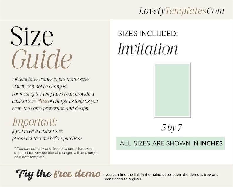 K&ouml;nnte beinhalten: Eine Gr&ouml;&szlig;entabelle f&uuml;r Einladungsvorlagen mit dem Text "Size Guide" und "Invitation". Der Leitfaden enth&auml;lt ein hellgr&uuml;nes Rechteck mit der Bezeichnung "5 by 7" (12,7 x 17,8 cm) und besagt "ALL SIZES ARE SHOWN IN INCHES."