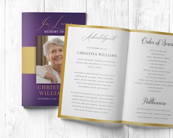 Purple Gold Funeral Program, Elegant Bifold Memorial Booklet, Obituary Template #fnrlwt