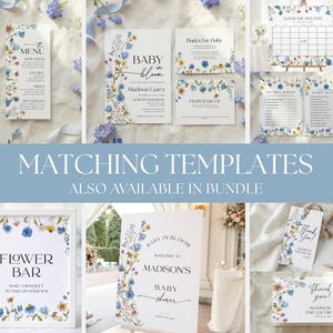 May include: A collection of baby shower stationery templates with floral designs. Includes a menu, invitation, games, and signage. The text "Baby in Bloom" and "Flower Bar" are visible. The templates are in a soft, pastel color palette.