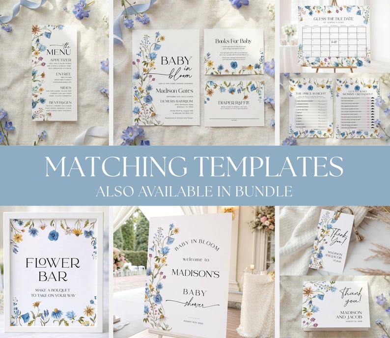 May include: A collection of baby shower stationery templates with floral designs. Includes a menu, invitation, games, and signage. The text "Baby in Bloom" and "Flower Bar" are visible. The templates are in a soft, pastel color palette.