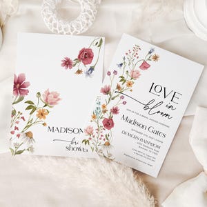 Editable bridal shower invitation template with romantic wildflower watercolor design, featuring soft pink, yellow, blue, and burgundy florals on a white background, paired with elegant serif and modern script fonts