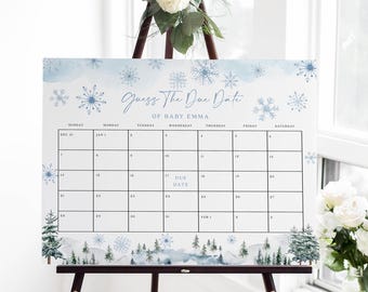 May include: A rectangular sign featuring a calendar grid with the text Guess The Due Date OF BABY EMMA. The design includes blue watercolor snowflakes, a winter forest landscape at the bottom, and a grid labeled with days of the week.
