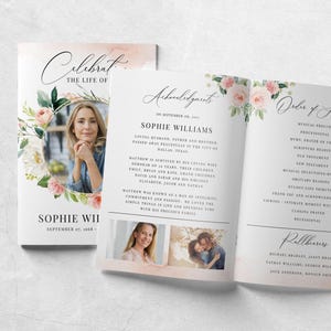 Op de afbeelding: Een herdenkingsdienstprogramma met een bloemenontwerp en een foto van een vrouw. De omslag luidt "Celebrate the Life of Sophie Will" met de datum. Binnenin staan tekst en foto's.